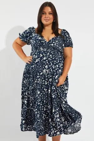 Blue Ditsy Crossover Front Midi Dress Classy Look Japanese Neat