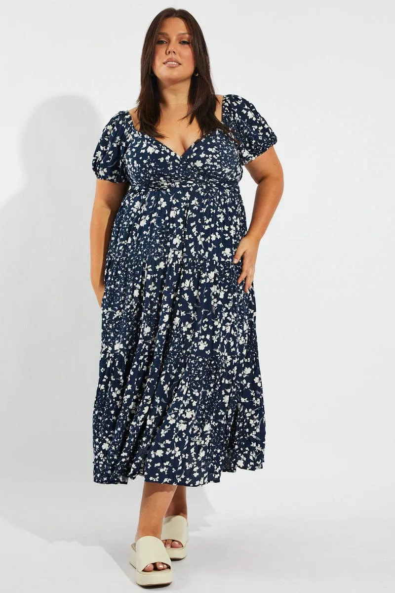Blue Ditsy Crossover Front Midi Dress Polished Ease Fashion-forward piece for evening