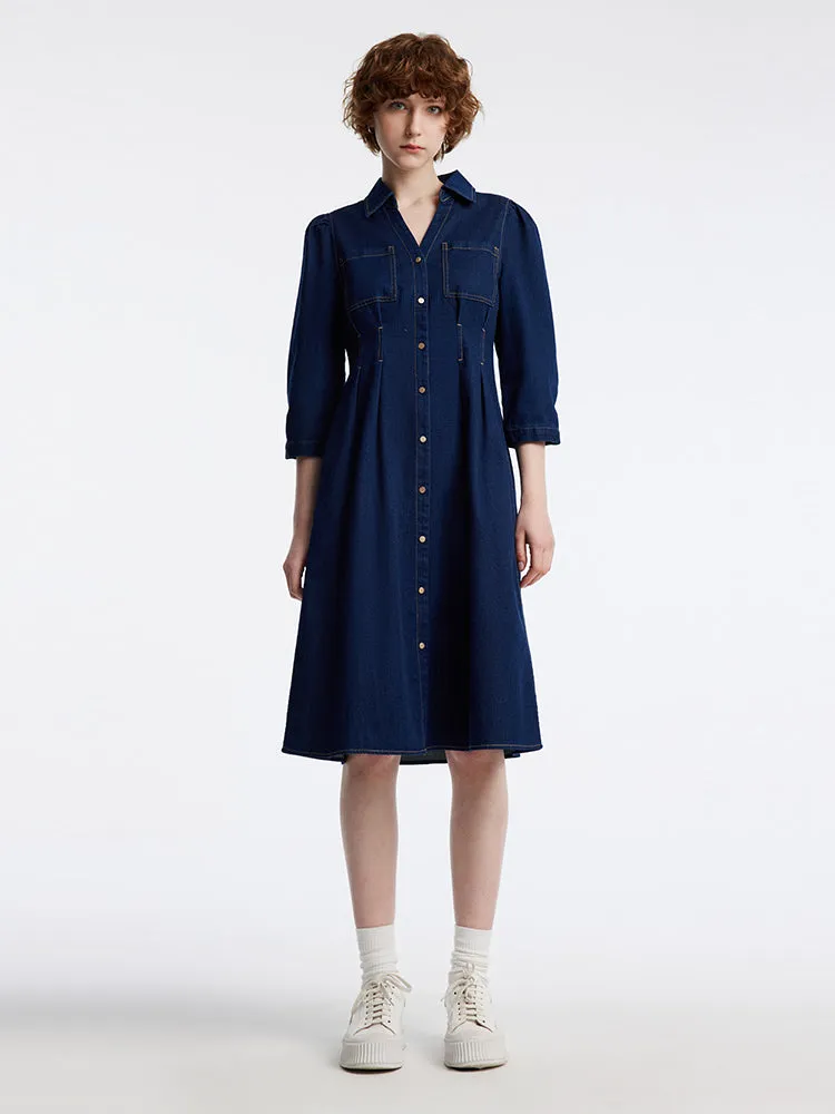 Gathered Waist Denim Mini Dress Rainbow Arc Casual Comfort