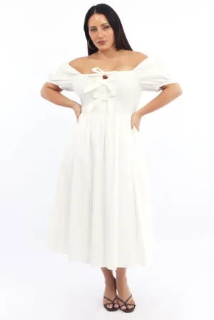 White Midi Dress Short Sleeve Shirred Body Ribbon Front Trendy Wardrobe Stylish Casual