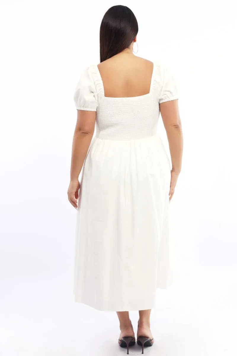 Fun and flirty dress White Midi Dress Short Sleeve Shirred Body Ribbon Front
