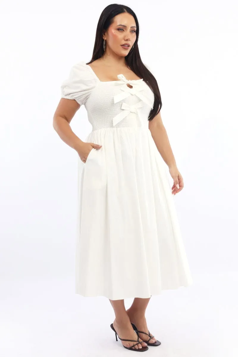 Greek Spirit Day To Night White Midi Dress Short Sleeve Shirred Body Ribbon Front