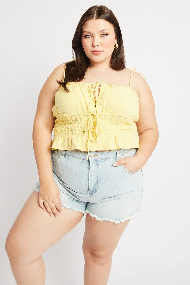 Yellow Cami Top Sleeveless Ruched Tie Front Linen Blend Comfortable Design
