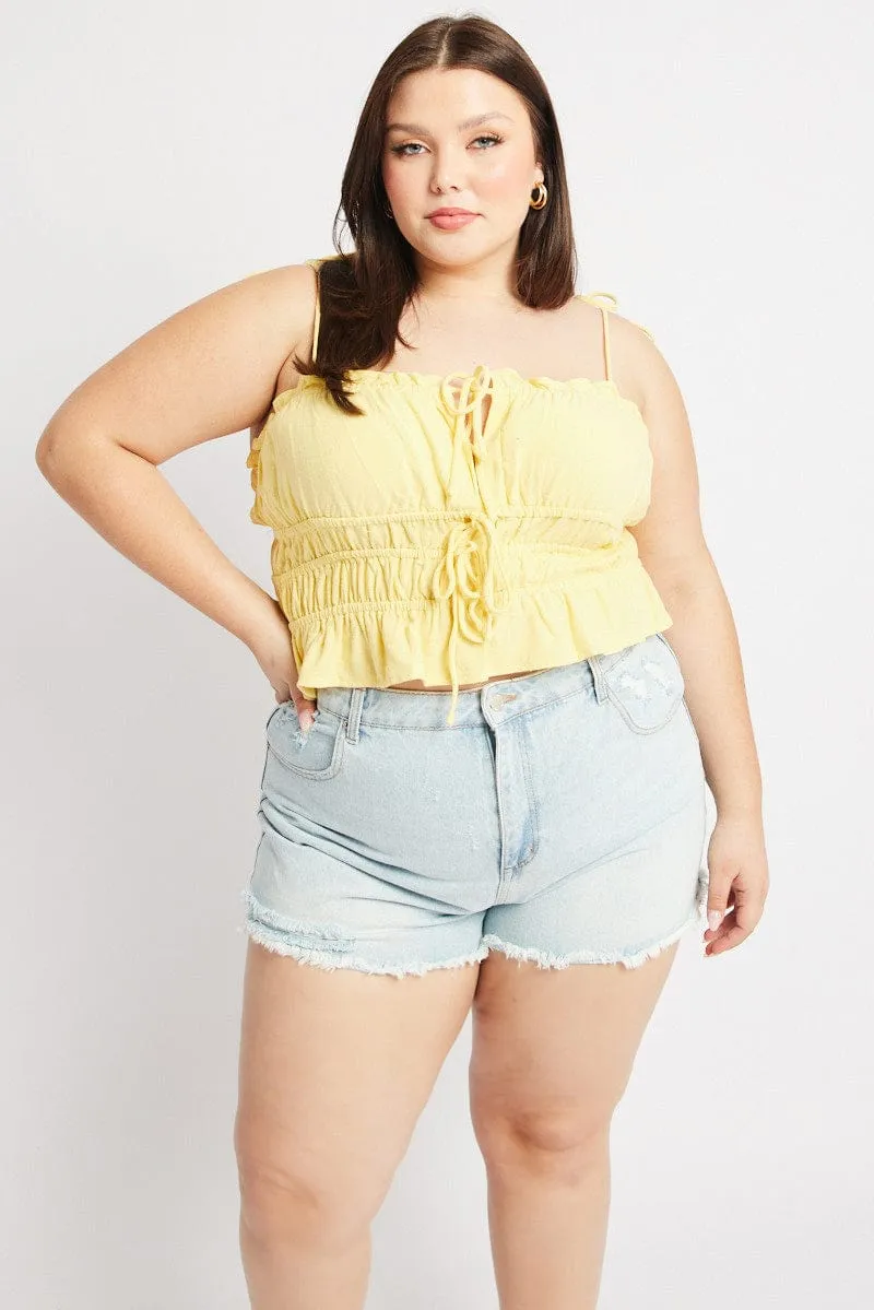Yellow Cami Top Sleeveless Ruched Tie Front Linen Blend MultiPurposePockets Parisian Chic