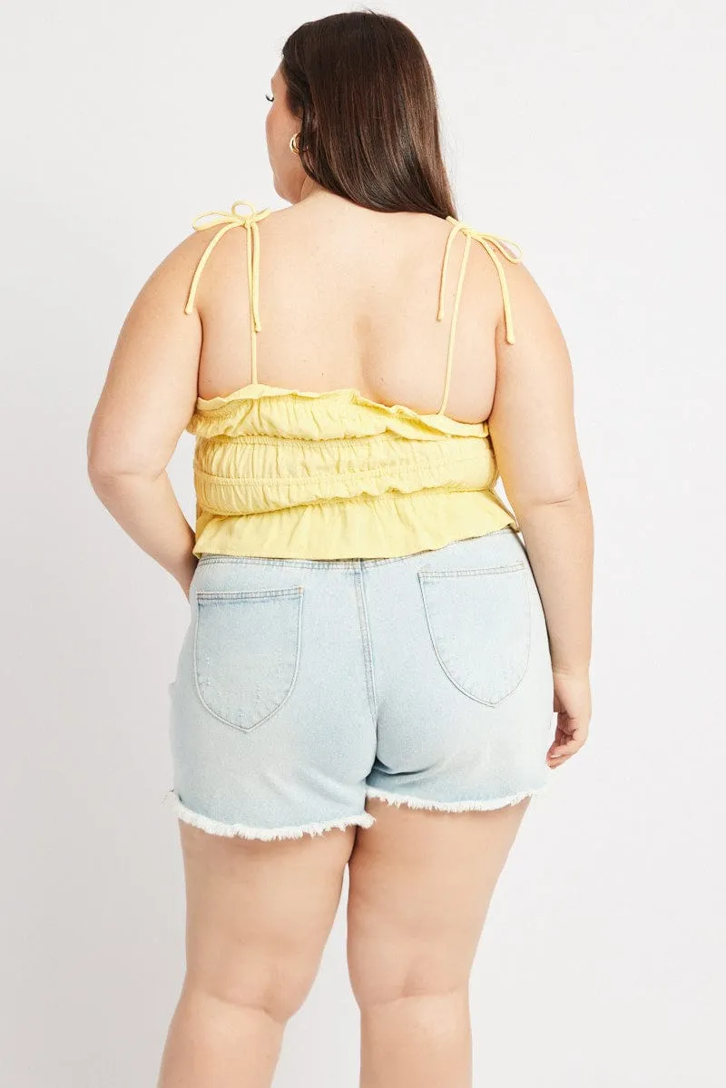 Yellow Cami Top Sleeveless Ruched Tie Front Linen Blend Timeless Skirt FlexFitTechnology