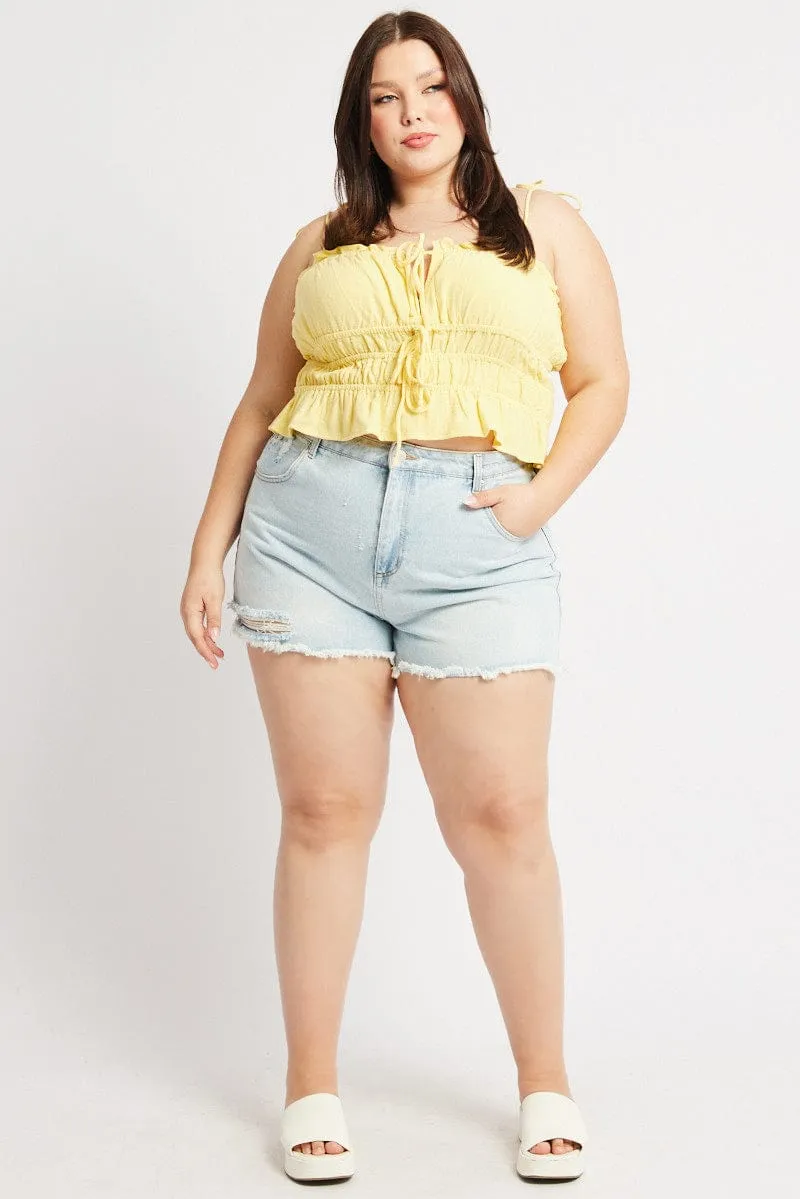Yellow Cami Top Sleeveless Ruched Tie Front Linen Blend Layering Piece Outdoor Comfort