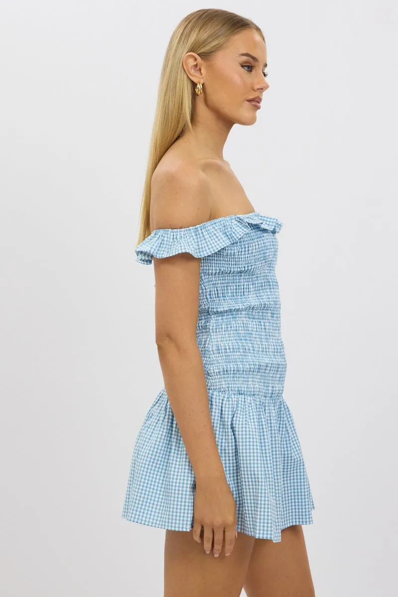 Blue Check Shirred Mini Dress Play Mode