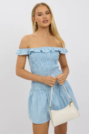 Blue Check Shirred Mini Dress Convertible Straps