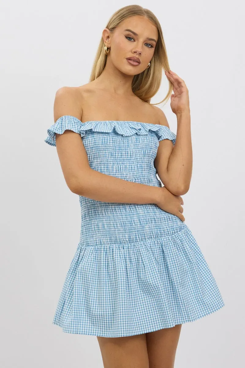 Relaxed Contour Blue Check Shirred Mini Dress