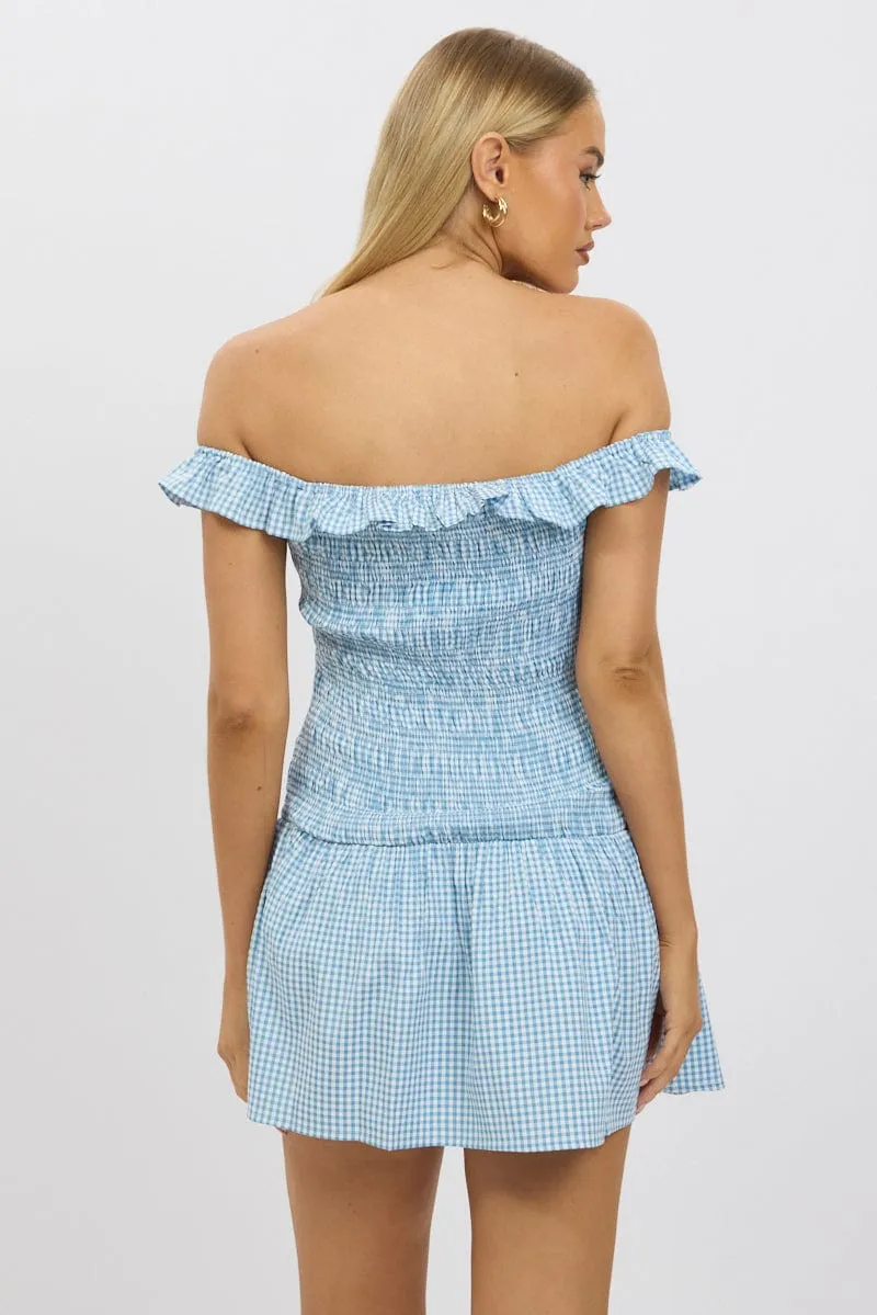 Urban Beat Charming Vibe Blue Check Shirred Mini Dress