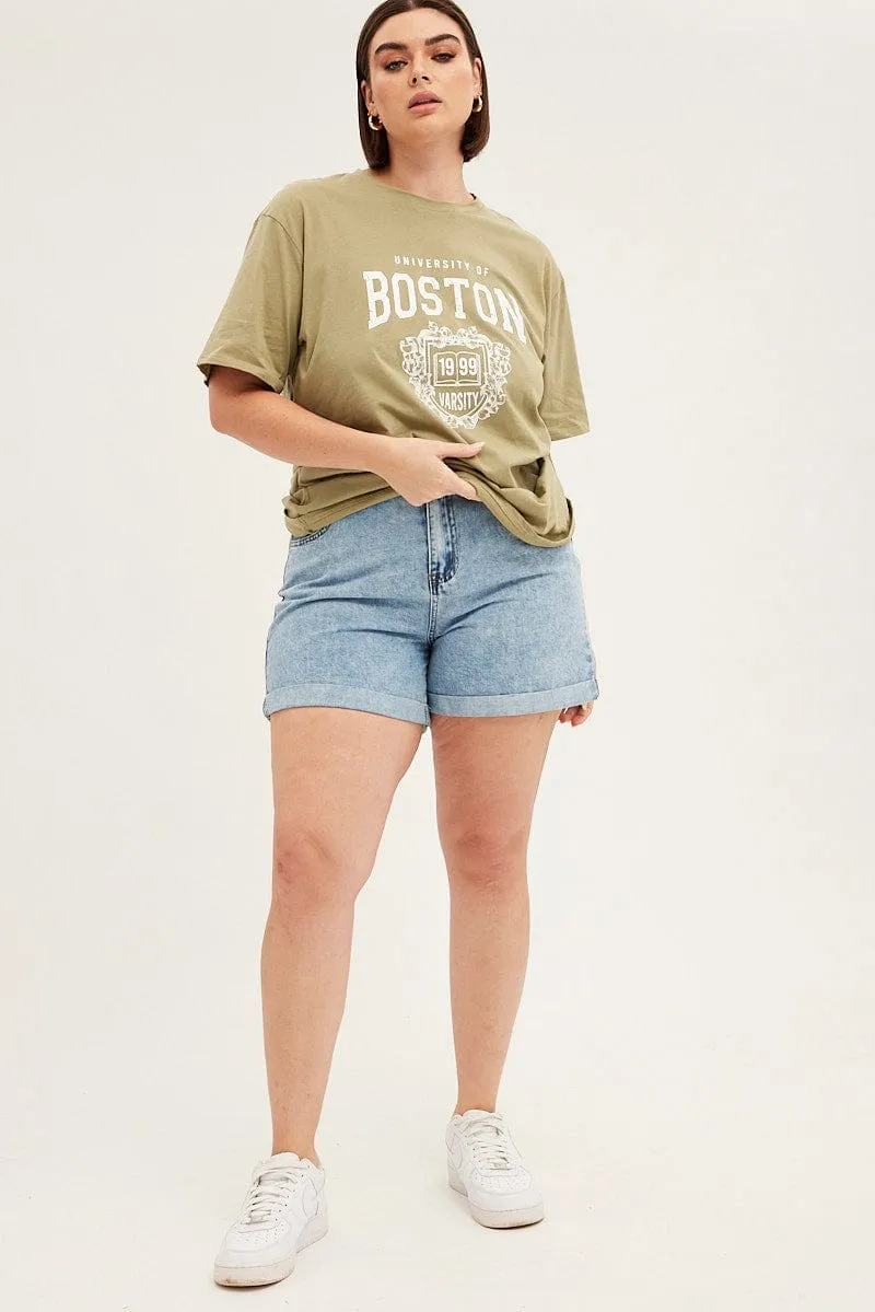 Non Irritating Tags ReinforcedNeckline Green Short Sleeve Oversized Boston Round Neck T-shirt