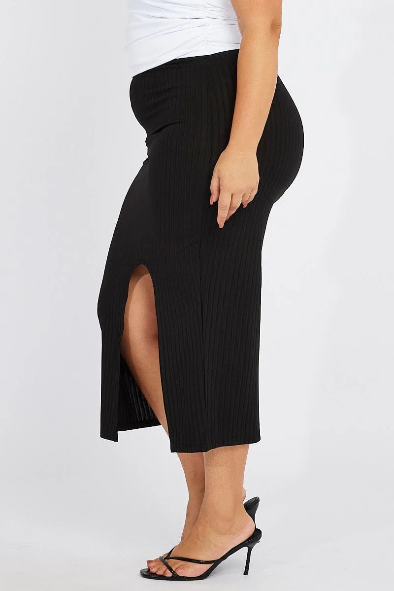 Black Rib Split Skirt Travel Friendly
