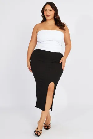Black Rib Split Skirt Texture Focus Linen Cotton Mix