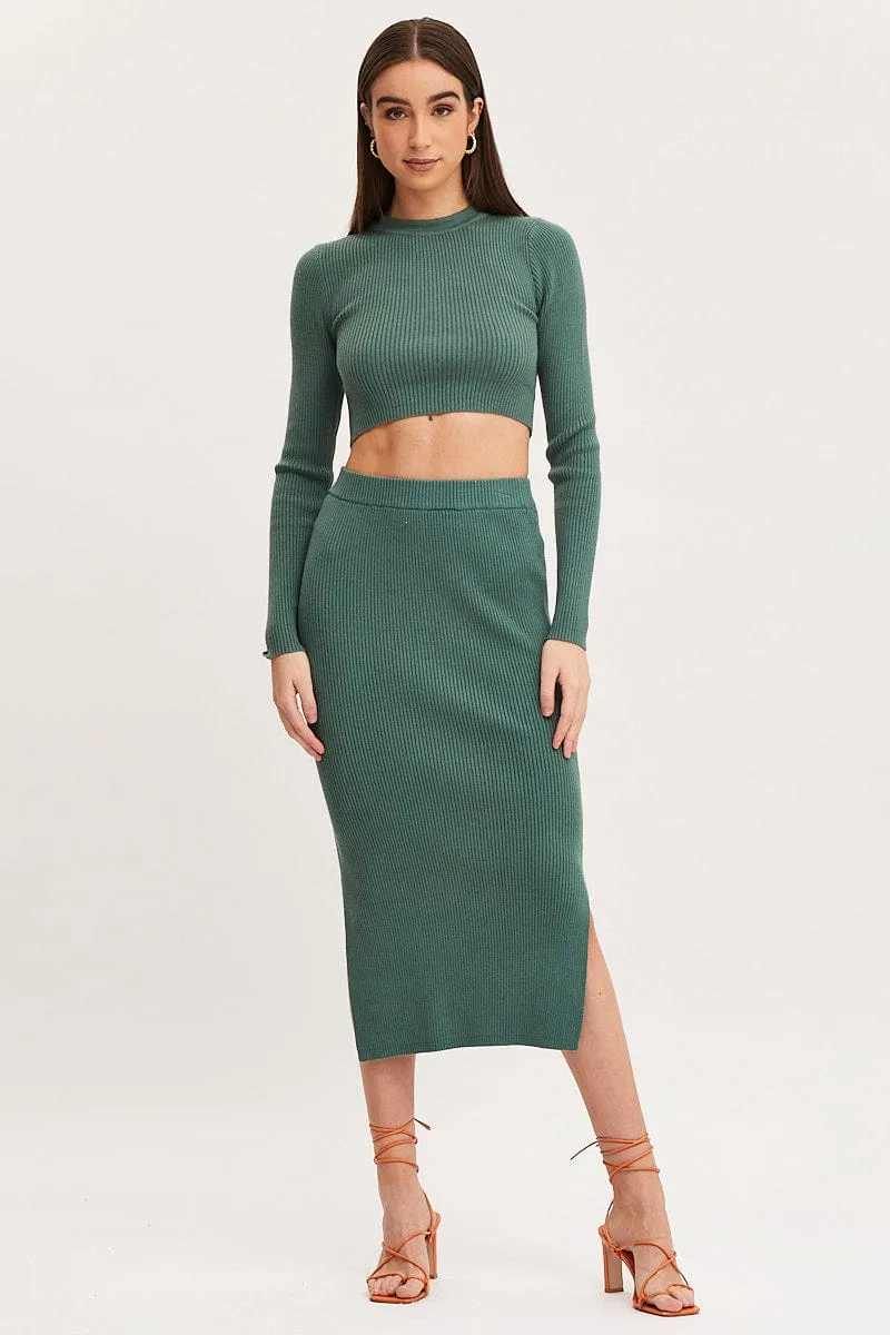 Crisp Edge Invisible Seams Green Knit Skirt Midi Side Split