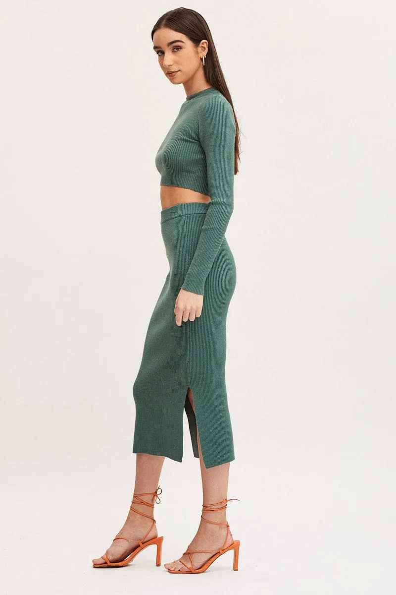 Odor Resistant Treatment Green Knit Skirt Midi Side Split