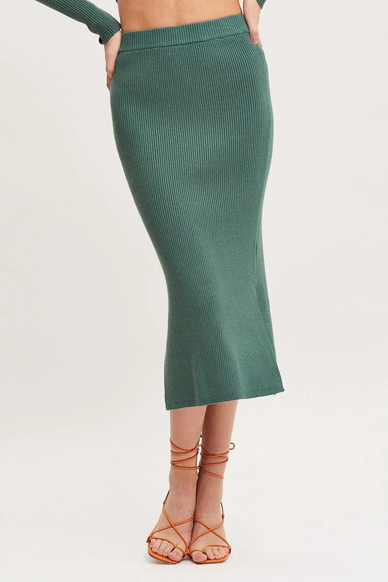 Green Knit Skirt Midi Side Split Quilted Texture Mid Length