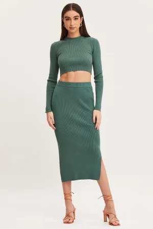 Crisp Edge Invisible Seams Green Knit Skirt Midi Side Split