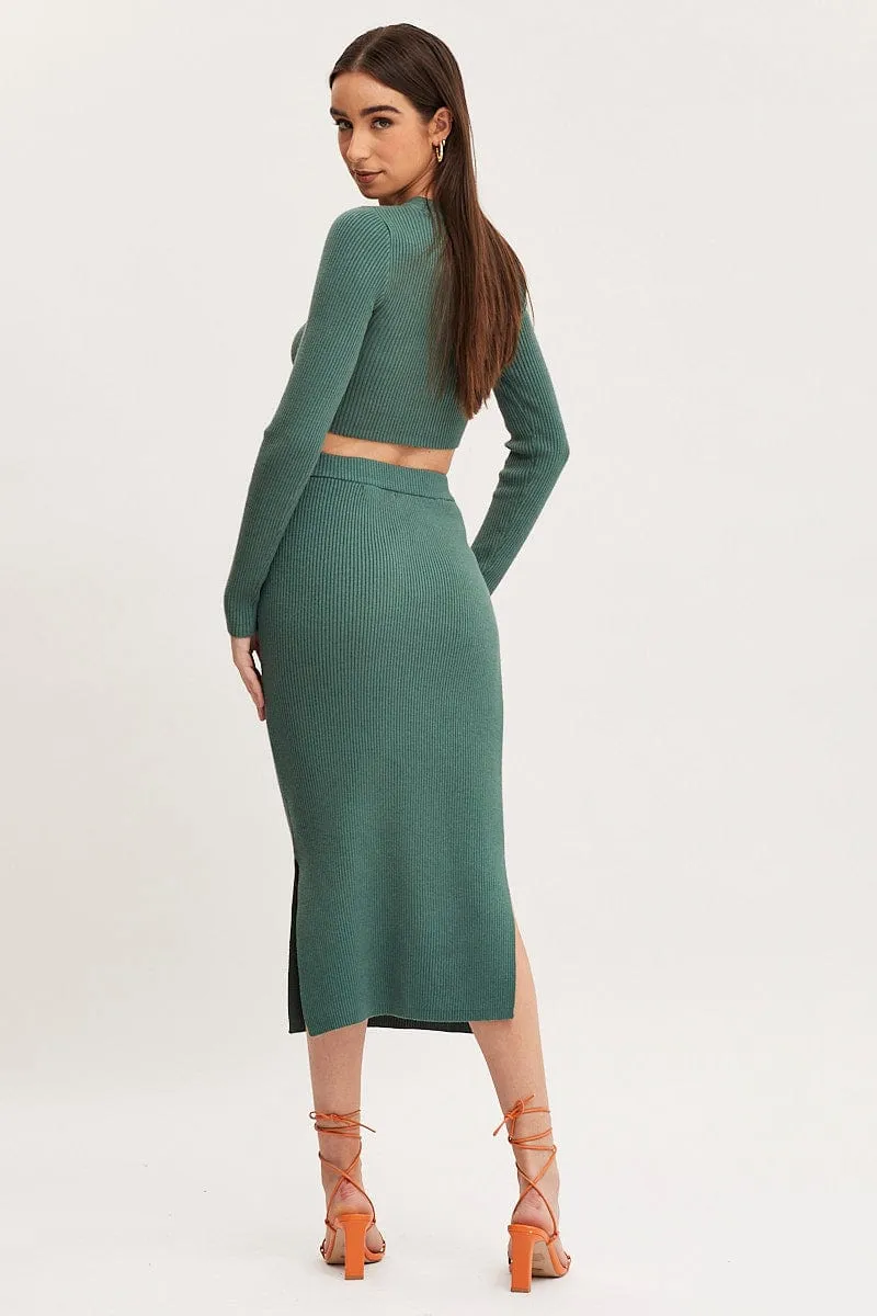 Green Knit Skirt Midi Side Split Embossed Detail Earth Tones