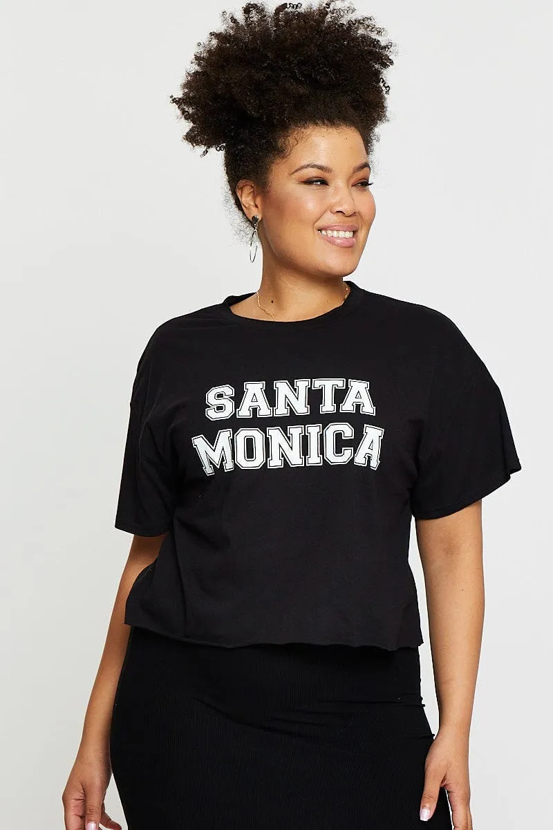 Black Crop T-shirt Santa Monica Short Sleeve Semi Heavyweight Weave