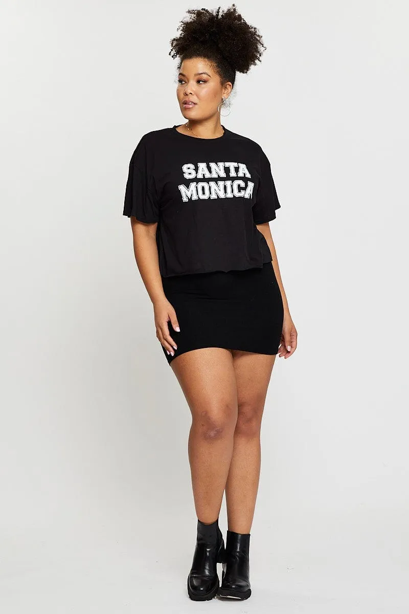 Black Crop T-shirt Santa Monica Short Sleeve Semi Ribbed Collar Trim Sporty Vibe