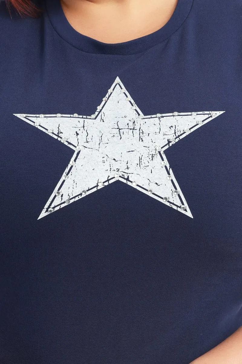 Blue Graphic T-shirt Short Sleeve Crew Neck Easy Comfort