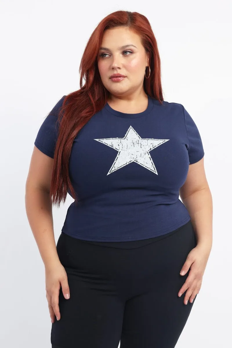 Basic Comfort Blue Graphic T-shirt Short Sleeve Crew Neck