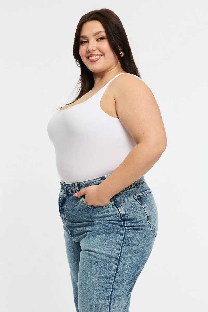 White Bodysuit Scoop Neck Seamless WindproofInterior Machine Fit