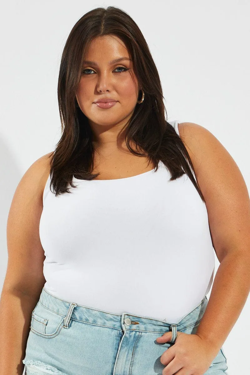 White Bodysuit Sleeveless Scoop Neck Supersoft SplitHemDesign Bead Soul