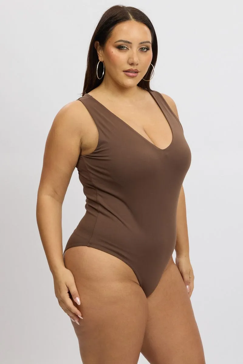 Glass Fit FrictionResistantFabric Brown Bodysuit V Neck Supersoft