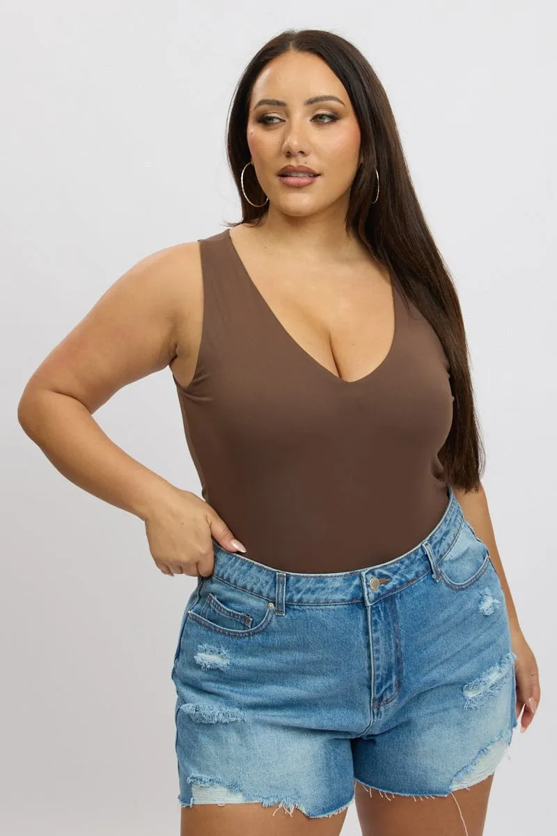 Brown Bodysuit V Neck Supersoft Jewel tone