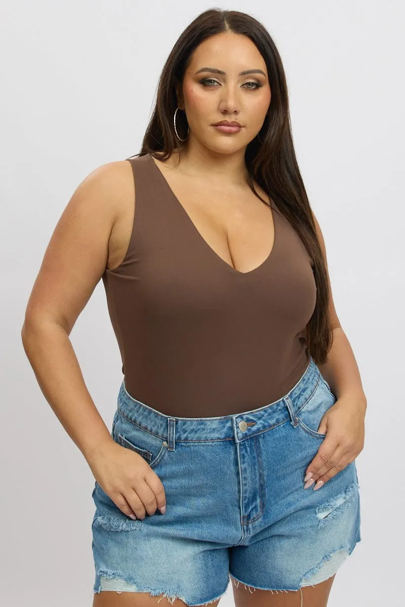 Brown Bodysuit V Neck Supersoft Joyful Mood