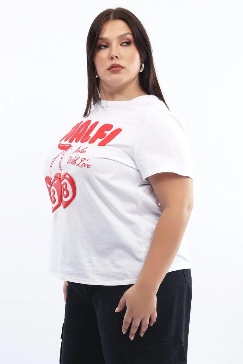 Office Wear Oversized Cut White Graphic T-shirt Short Sleeve Crew Neck