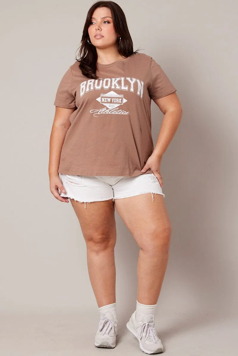 Brown Graphic T-shirt Short Sleeve Crew Neck Curved Hem