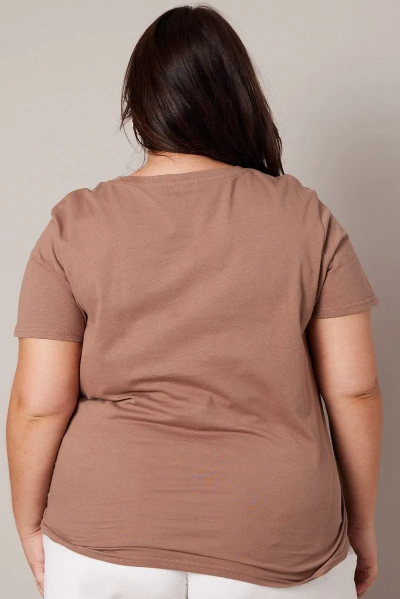 Brown Graphic T-shirt Short Sleeve Crew Neck Washable fabric Layered Wear