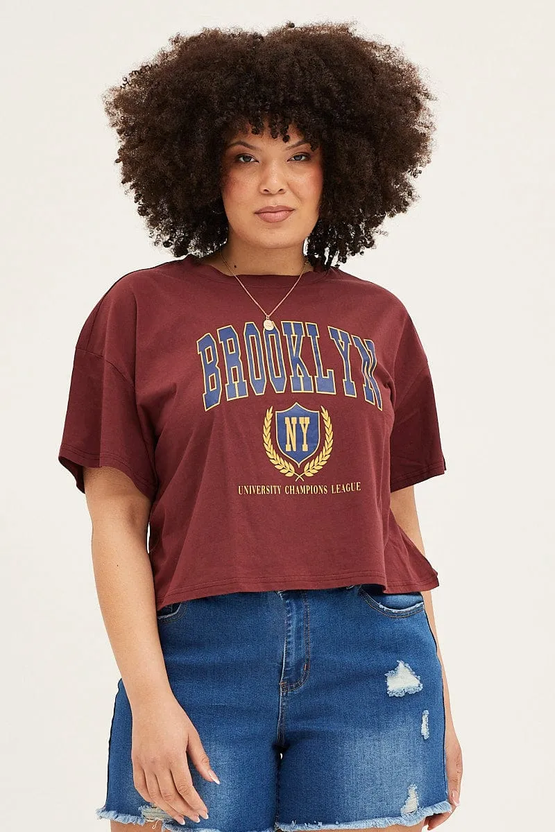 Simple Look Red Short Sleeve Graphic Round Neck T-shirt