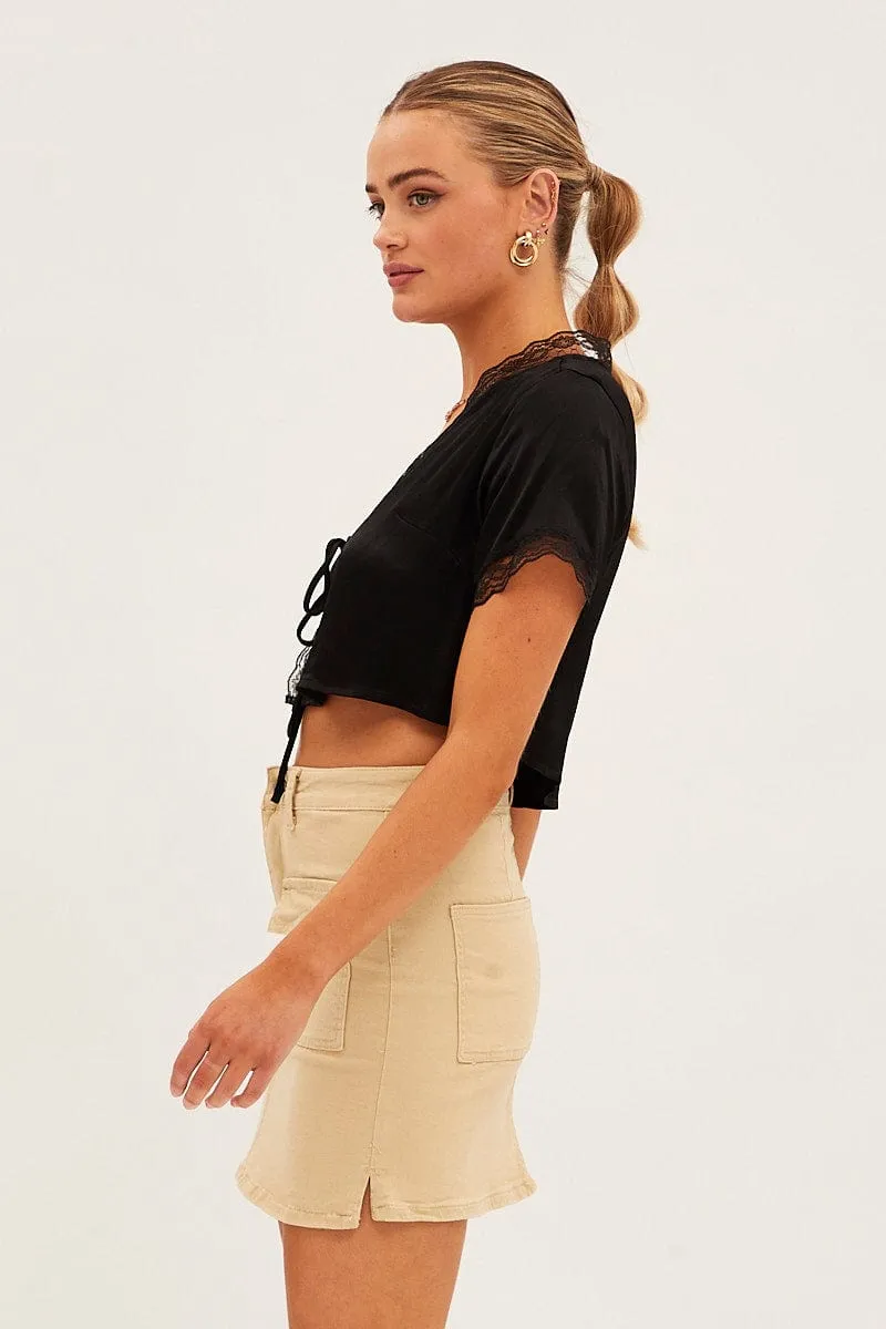 Beige High Rise Cargo Mini Denim Skirt Relaxed Mood
