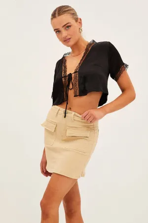 Beige High Rise Cargo Mini Denim Skirt Outfit Combo party look