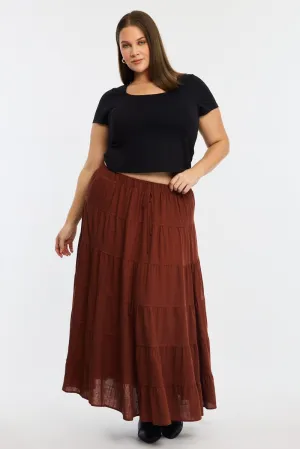Neutral Tones Tassel accents Brown Tiered Maxi Skirt