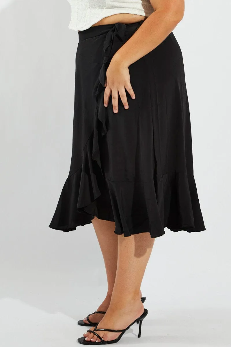Minimal Vibe Airy Look Black Wrap Frill Midi Skirt