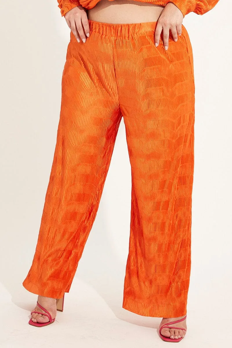 Orange Plisse Pants Wide Leg High Rise Plaid detail