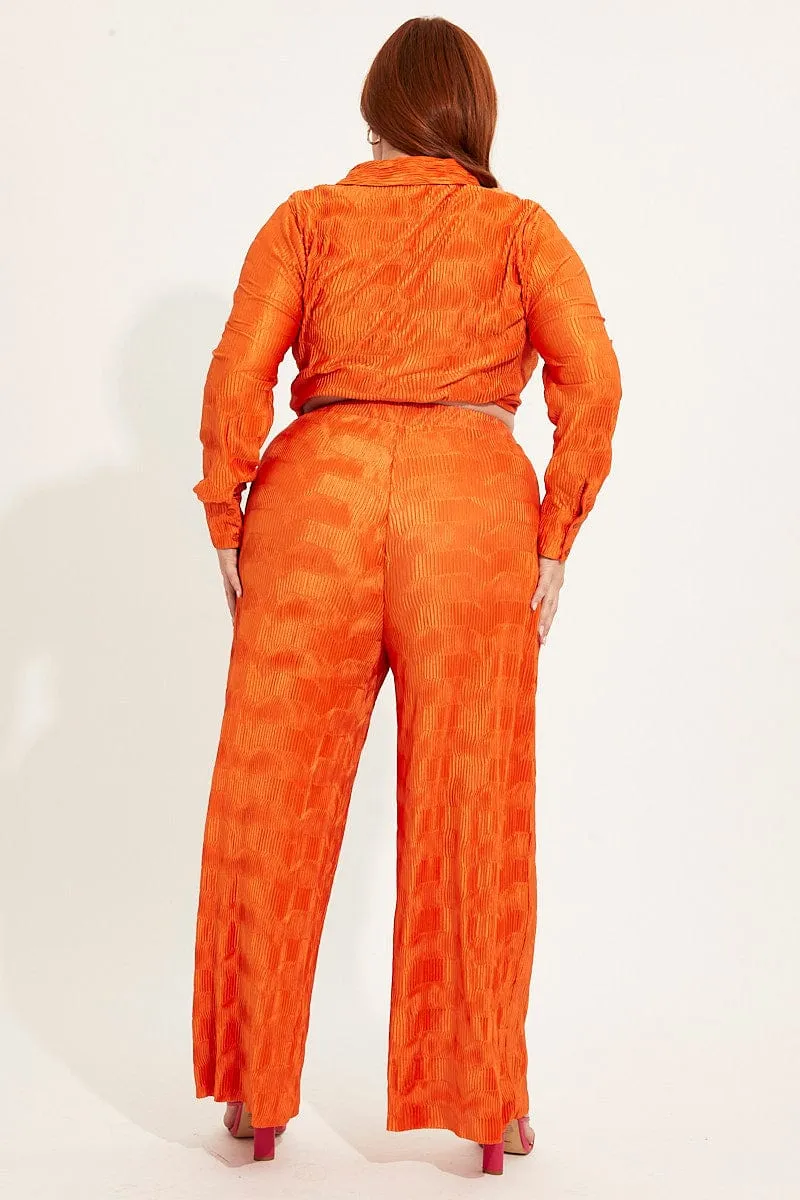 Orange Plisse Pants Wide Leg High Rise ReinforcedBeltLoops