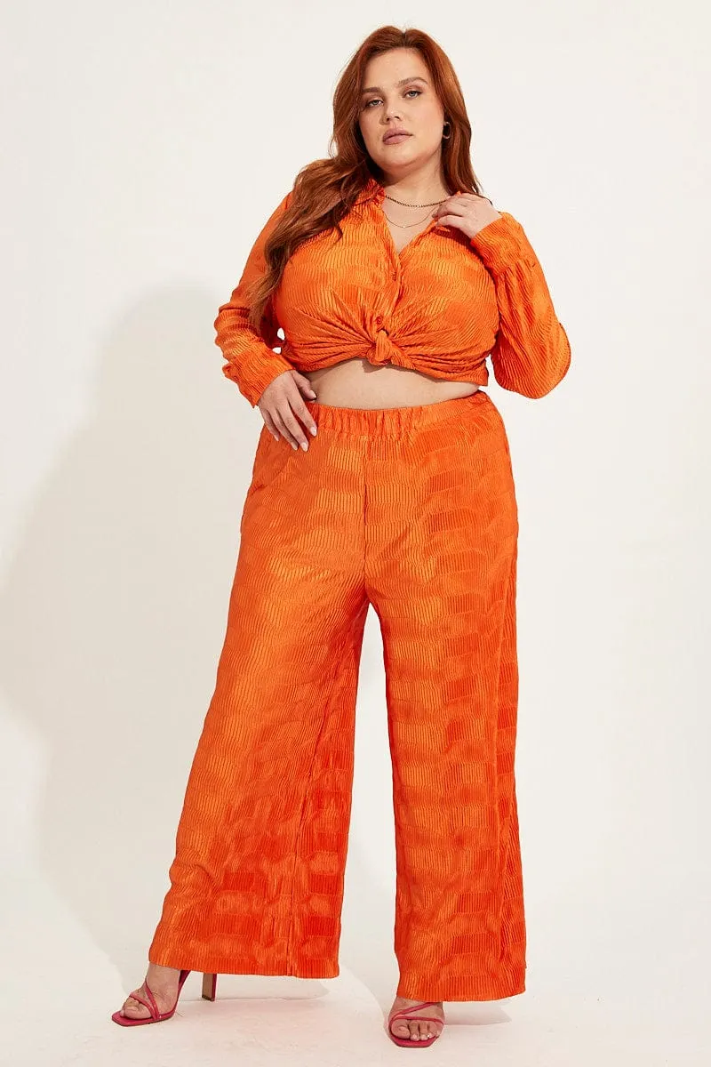 All Season Versatility Modern Utility Orange Plisse Pants Wide Leg High Rise