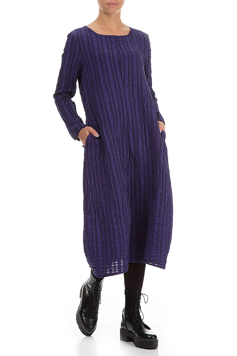 Balloon Royal Purple Checkered Linen Cotton Dress Travel Proof Cozy Knit