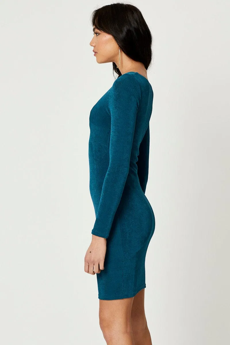 Global Cool Thick Fiber Blue Slinky Jersey Twist Front Dress