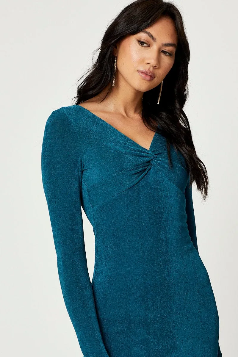 Blue Slinky Jersey Twist Front Dress Soft Sweater Streetwear Style