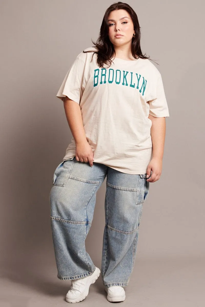 Beige Graphic T-shirt Short Sleeve Crew Neck Oversized BreathableMeshLining Comfy All-Day