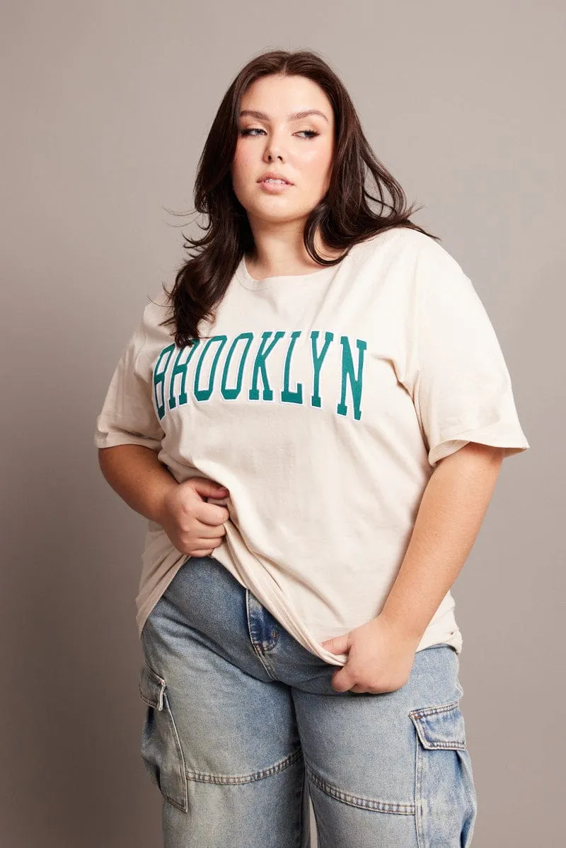 Beige Graphic T-shirt Short Sleeve Crew Neck Oversized Sporty Chic Casual Vibe Wear