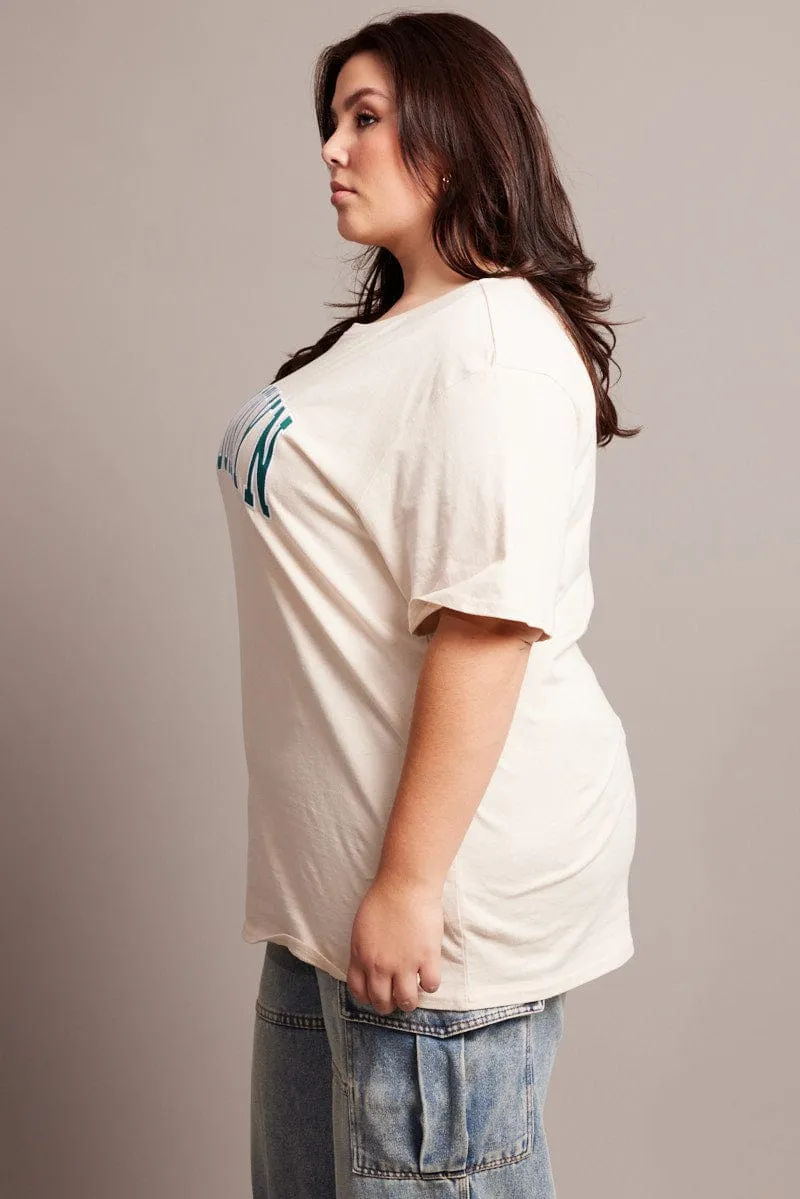 Beige Graphic T-shirt Short Sleeve Crew Neck Oversized Fashionable Layer