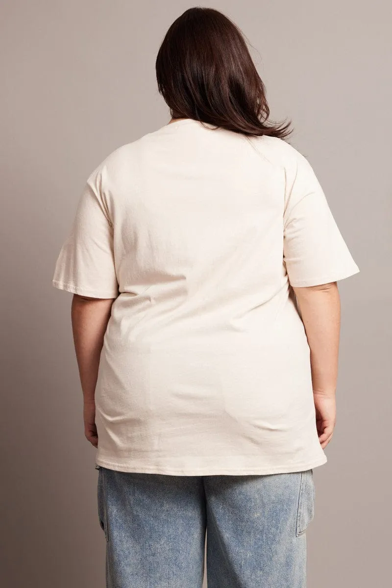 waterproof Beige Graphic T-shirt Short Sleeve Crew Neck Oversized