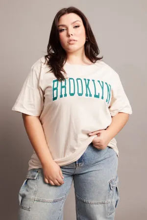 Relaxed Design Beige Graphic T-shirt Short Sleeve Crew Neck Oversized
